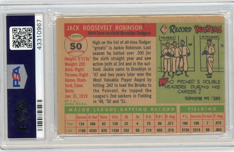 1955 Topps Jackie Robinson #50 Los Angeles Dodgers PSA/DNA Auth/Mint 9 –  Meltzer Sports